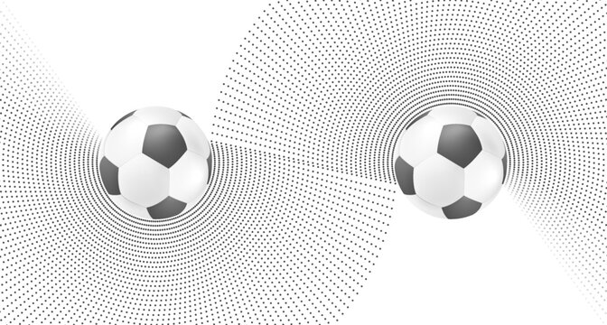 Abstract grey dotted geometric football background with soccer balls. Vector design
