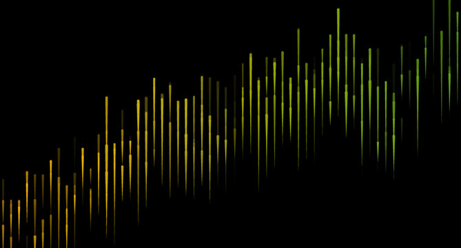 Abstract green orange linear financial bar chart showing upward business growth trend. Vector minimal tech background