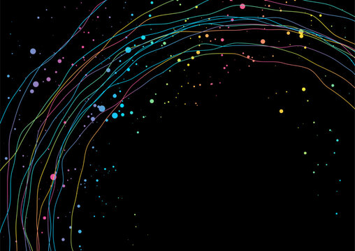 Abstract black background with colorful neon waving lines and floating particles. Holographic vector design