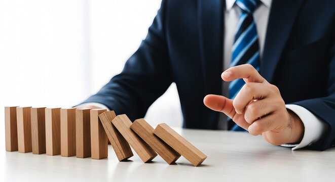 Businessman in dark suit stopping falling wooden blocks on white table blue
