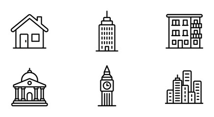Fototapeta premium Modern Building Icons, City Architecture Line Art, Urban Structure Graphics, Residential and Commercial Property Symbols