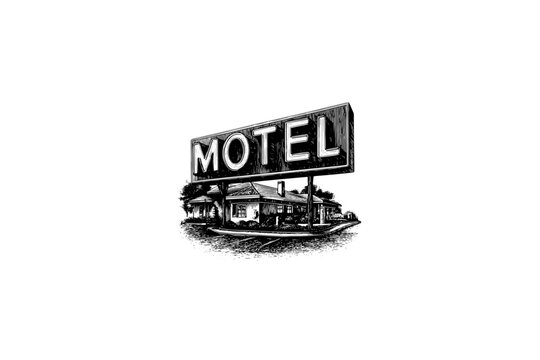 Vintage vector sketch of a classic retro motel building with a huge sign. Engraving style digital illustration of an American roadside motel exterior and parking lot, isolated on white background.