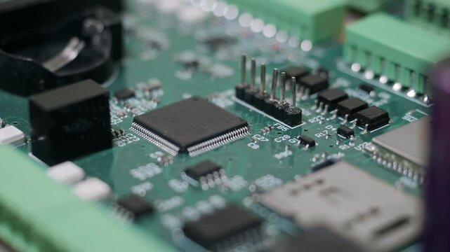 Macro view of microcontroller mounted on printed circuit board. Electronic components, embedded systems and modern hardware technology in close detail