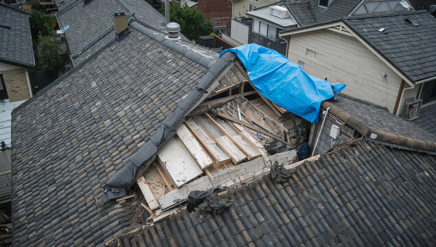 地震で崩れた住宅屋根に青いシートが固定されている写真