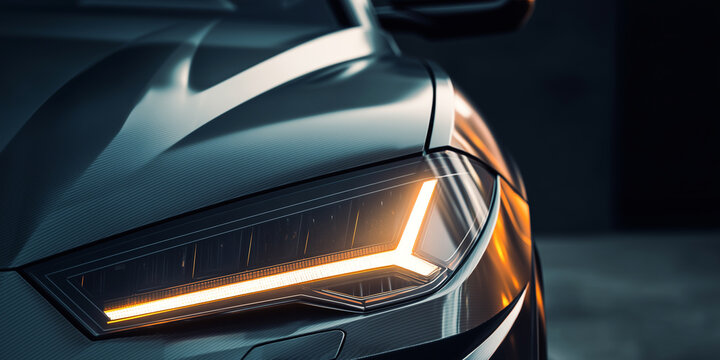 Futuristic car led headlight close up shot