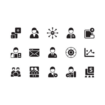Collection of black and white business communication and team collaboration glyph icons showing email marketing secure data and progress tracking grap
