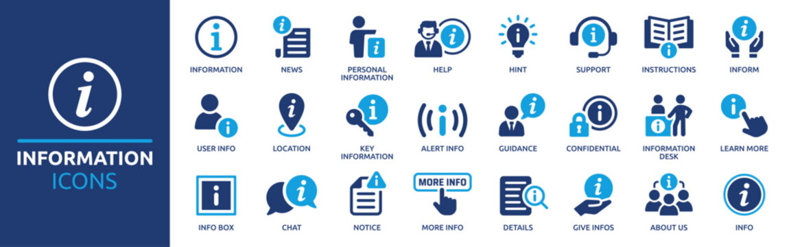 Information icons representing assistance, guidance, and communication for various services and online platforms, enhancing user experience and accessibility