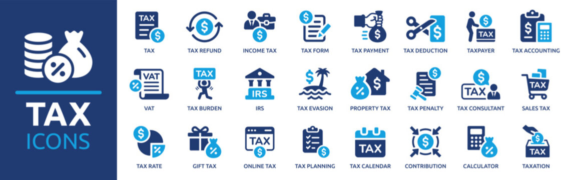 Taxation and Finance Icon Set Representing Financial Management, Accounting, Budgeting, and Economic Concepts for Business and Personal Use