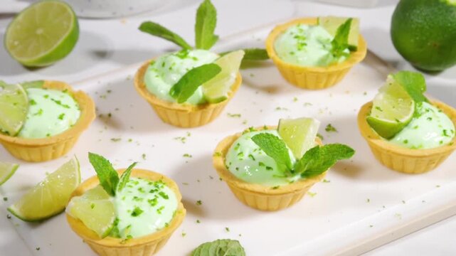 Mini Mojito Tarts, portioned Key Lime Pie tartlets cakes decorated with lime slices, mint and citrus zest, on white marble table background copy space