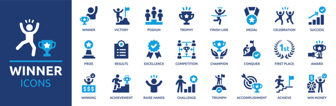 Set of winner and success icons in navy blue, representing victory, achievement, awards, recognition, leadership, and goal achievement for business and sports contexts