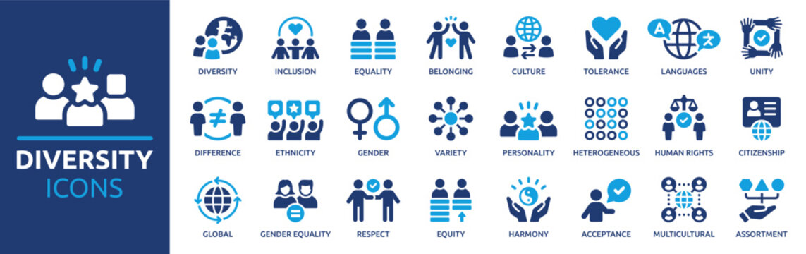Curated collection of diversity icons illustrating essential concepts of equality, inclusion, human rights, community, and social responsibility for global awareness
