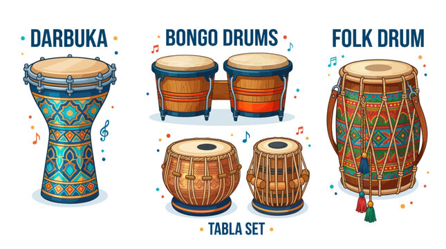 Assortment of Ethnic Drums: Darbuka, Bongo, Folk, Tabla Set