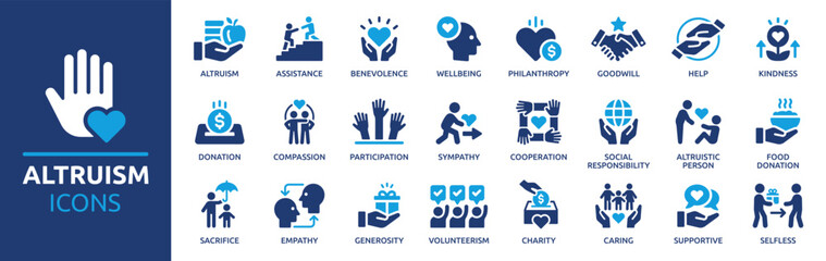 Fototapeta premium A collection of altruism and charity icons representing kindness, generosity, empathy, donation, volunteering, and community support for social causes