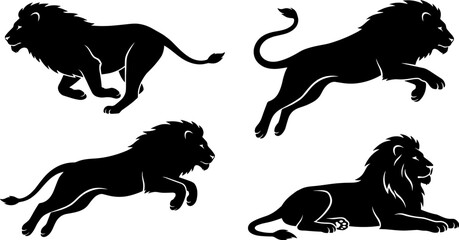 Lion Silhouette Collection Featuring Jumping, Running and Resting Wild Cat Poses for Safari and Wildlife Design Projects © MSTMONIRA
