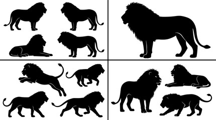 Lion Silhouette Collection Featuring Standing, Walking, Jumping and Resting Wild Cat Poses for Wildlife and Safari Design Projects © MSTMONIRA