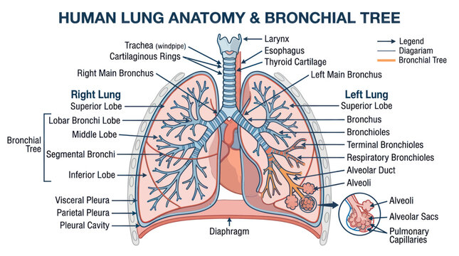 Human Lung Anatomy and Bronchial Tree Diagram
