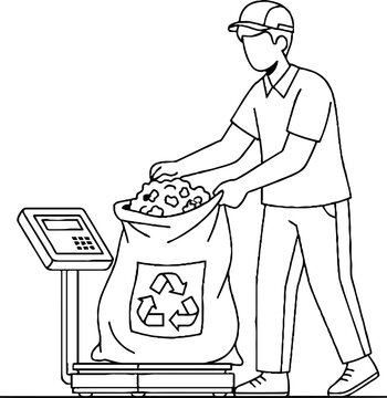Worker disposing of waste in large recycling bag indoors.