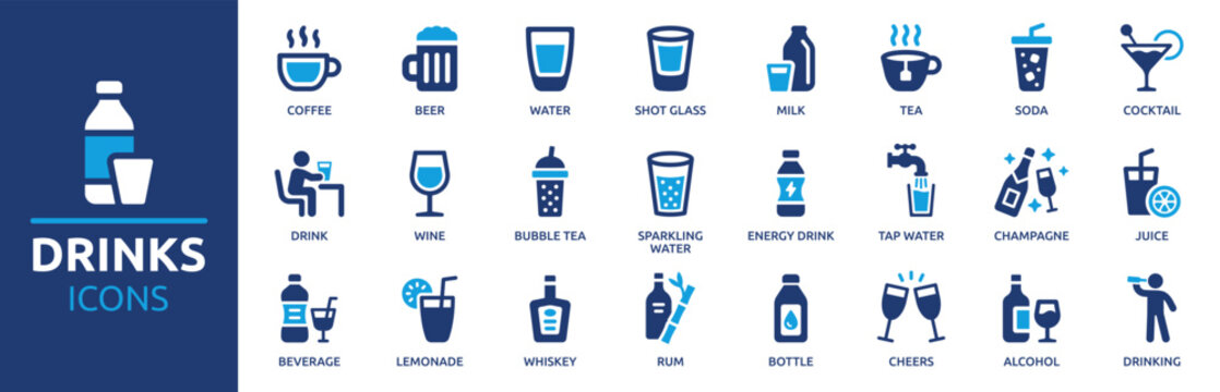 A diverse collection of beverage icons, including coffee, tea, water, and alcoholic drinks, presented in a clean, modern, and easily understandable visual format