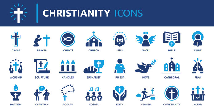 Set of Christian religious icons representing faith, worship, and symbols like the cross, dove, and Bible, suitable for various digital and print media