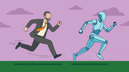 Fototapeta premium Human vs AI competition: Businessman and robot running side by side