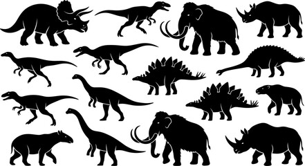 Prehistoric animals silhouettes illustration featuring dinosaurs and Ice Age mammals symbolizing ancient wildlife, nature, creativity, history, and design concepts © MSTMONIRA