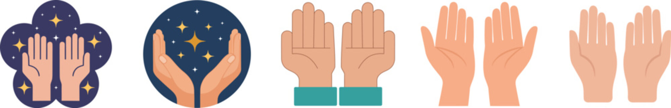 Islamic prayer hands icon set, Muslim dua and worship vector collection