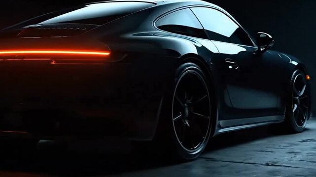 Back view of a sleek luxury sports car with glowing LED taillights in a dark studio, modern automotive design and premium vehicle concept.