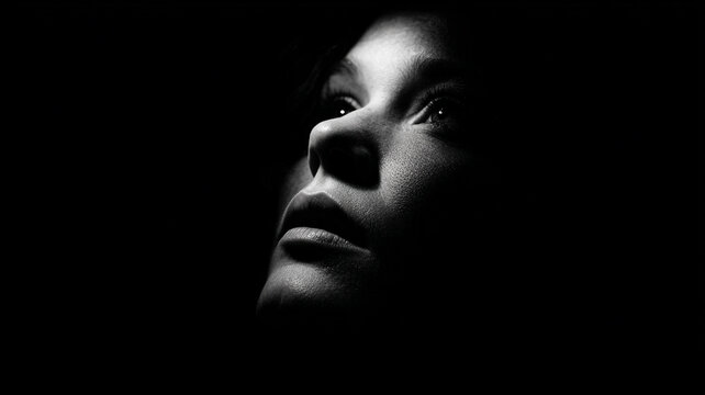 Mysterious Female Face Emerging From Darkness. - Dramatic Black and White Portrait.