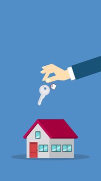 Hand holding key over the house. House buying 4k video animation