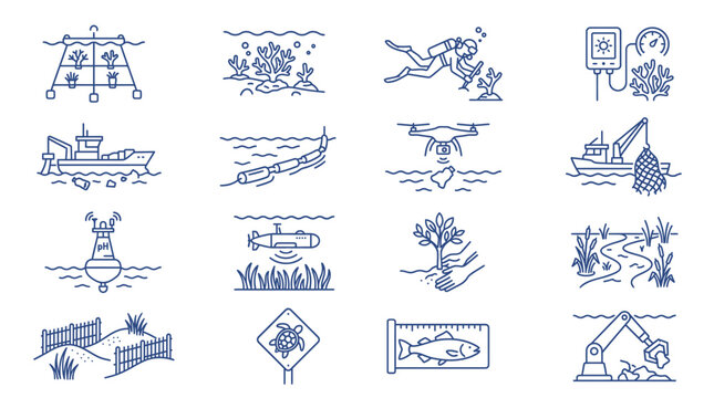 Marine Conservation Icons: A collection of modern, minimalist line art icons depicting various aspects of marine conservation, ocean research, and aquatic ecosystems.