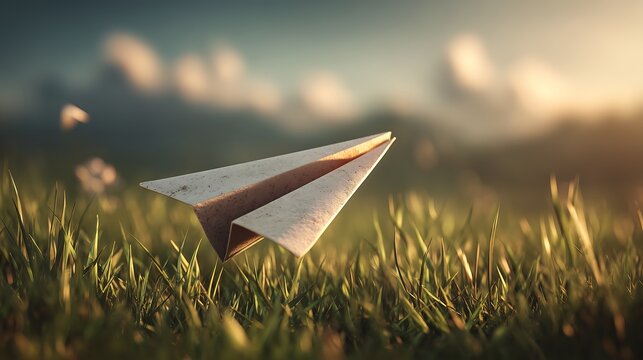 Paper plane landing on grassy field with fresh nature atmosphere, soft morning light and realistic outdoor texture