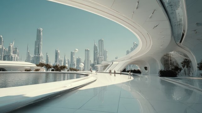 Futuristic city landscape with people in a utopian setting environment
