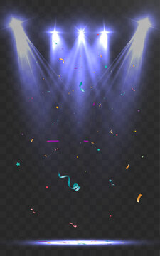 Light Spotlight Stage Glow with Blue Beams and Confetti Celebration Effect on Transparent Background
