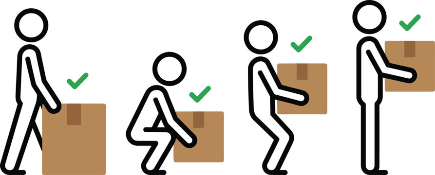 Correct Manual Material Handling Posture Icon Set with Stick Figures Safely Lifting and Carrying Heavy Boxes for Warehouse Safety and Ergonomic Training Guides