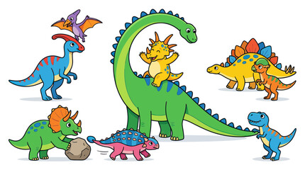 Cute cartoon dinosaurs family, various species, playful and happy, white background © jono
