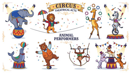 Fototapeta premium Circus Animal Performers: Elephant, Lion, Giraffe, Zebra, Bear, Monkey, Seal, Dogs