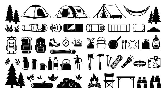 Camping Gear and Equipment Collection, Outdoor Adventure Icons Set