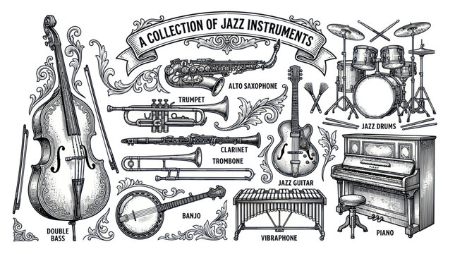 Vintage Jazz Instruments Collection: Double Bass, Trumpet, Saxophone, Guitar, Drums, Piano
