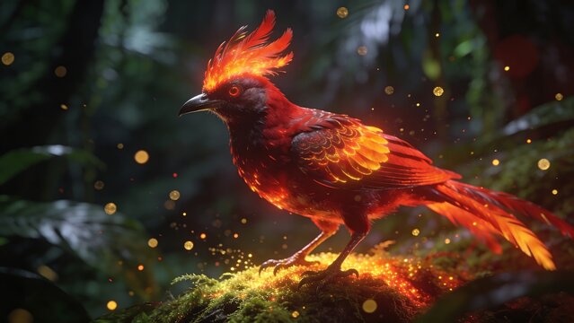 Generative AI renders a fiery exotic bird with vibrant plumage