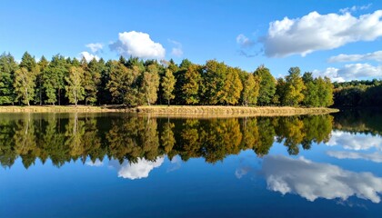 Fototapeta premium Autumn Forest Reflected in Calm Lake Under Blue Sky with Clouds.