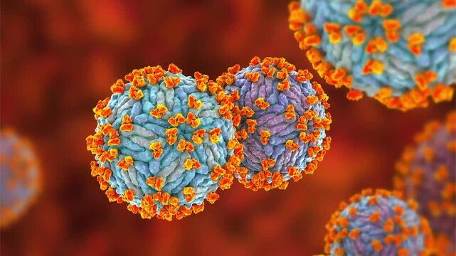Zika virus with attached antibodies, 3D animation showing flavivirus particles bound by neutralising immunoglobulins, illustrating antiviral immune response.