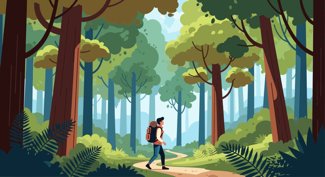 Man hiking on a forest path, backpacker exploring nature, adventure and outdoor recreation