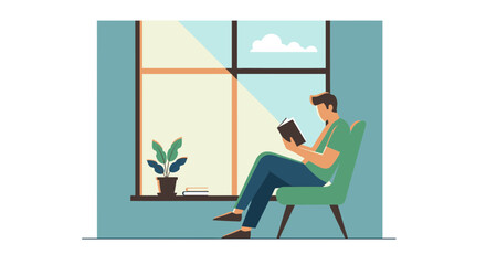 Fototapeta premium Man Reading Book Sitting on Chair Near Window with Sunlight Rays
