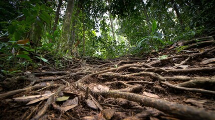 Fototapeta premium Low Angle View of Forest Floor with Exposed Tree Roots, Dry Soil and Scattered Sticks Leading into Dense Vegetation, Highlighting Ecology, Biodiversity and Natural Landscape Themes