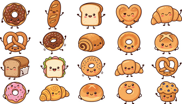 Cute bakery product sticker bundle with kawaii cartoon bread characters including donut, croissant, pretzel, sandwich, toast, and muffin for graphic design elements