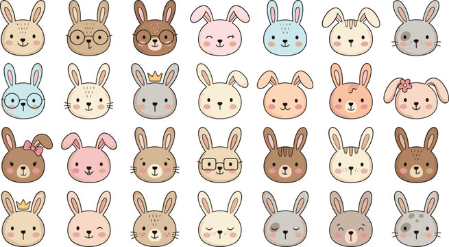 Cute bunny face sticker bundle with kawaii cartoon rabbit characters showing different emotions, expressions, and colors for children graphic design elements