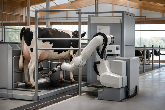 Automated dairy milking robot in modern barn