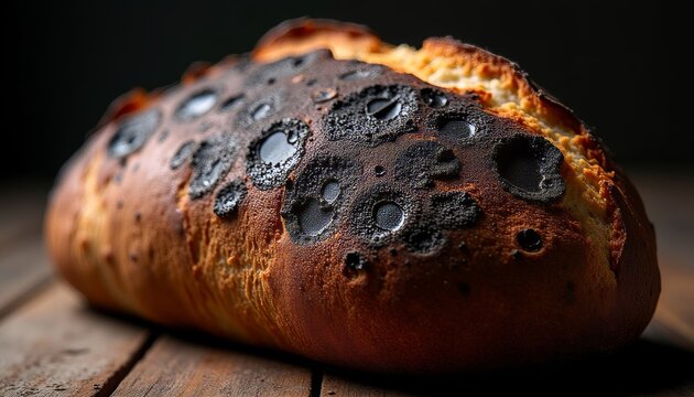 Overcooked bread loaf with severely burnt crust on rustic wooden planks