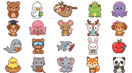 Fototapeta premium Cute animal sticker bundle with kawaii cartoon characters including bear, rabbit, panda, frog, elephant, fox, and puppy for kids decoration and design elements
