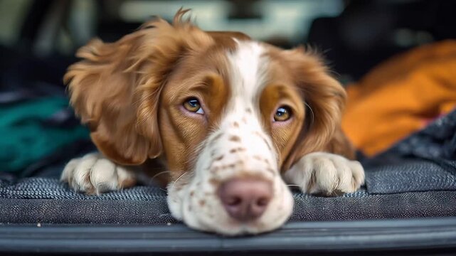Cute dog relaxes in car with soft fur and floppy ears while waiting for adventure on a sunny day in a parking area